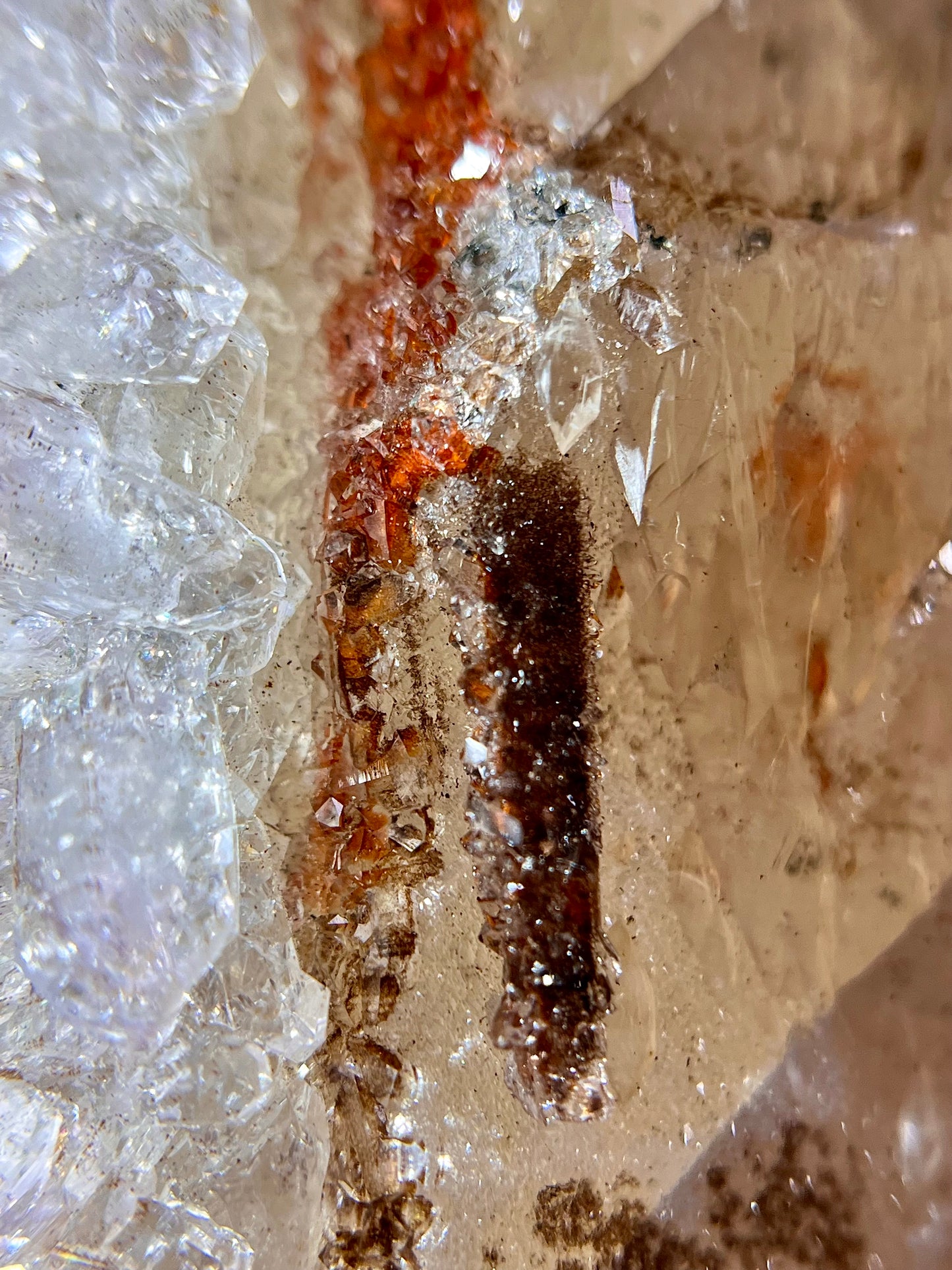Calcite with Quartz Druse, Amethyst & Orange Iron-Oxide Veins