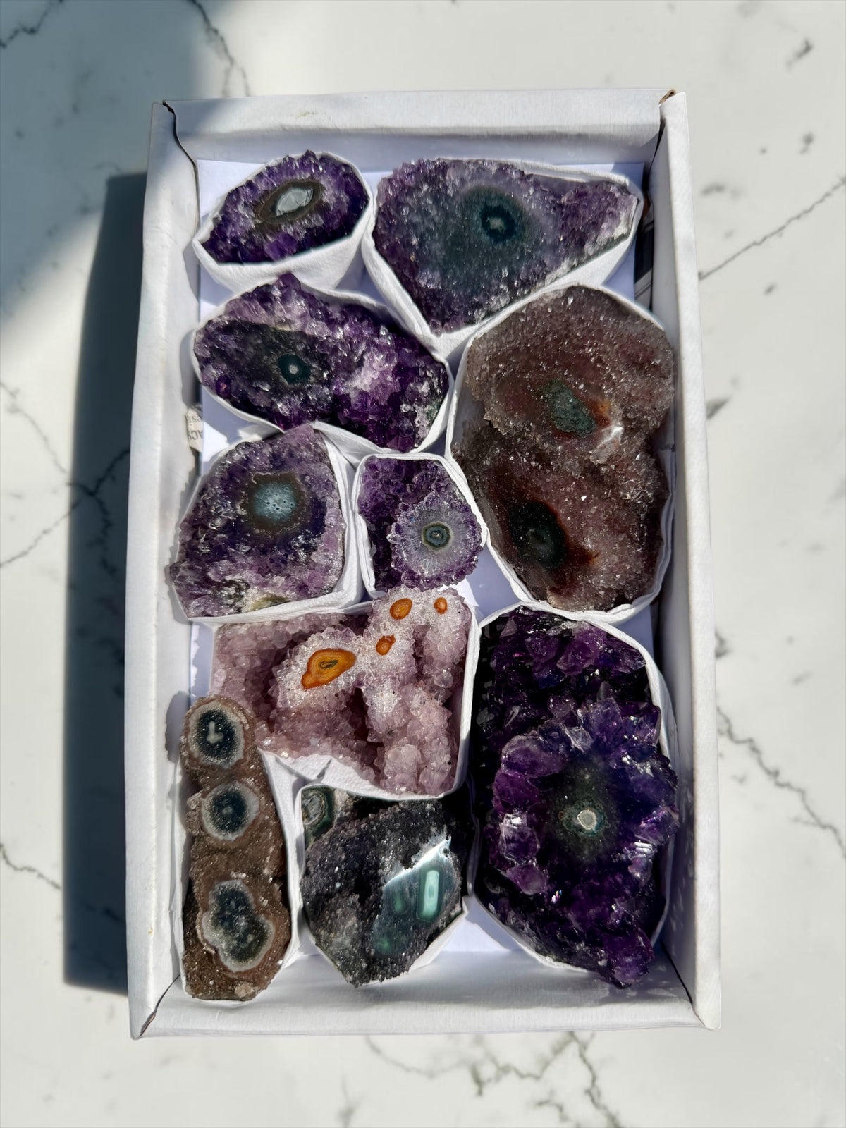 Mixed Flat of Amethyst & Jasper Stalactite "Eyes"- Uruguay | River Walkers Minerals