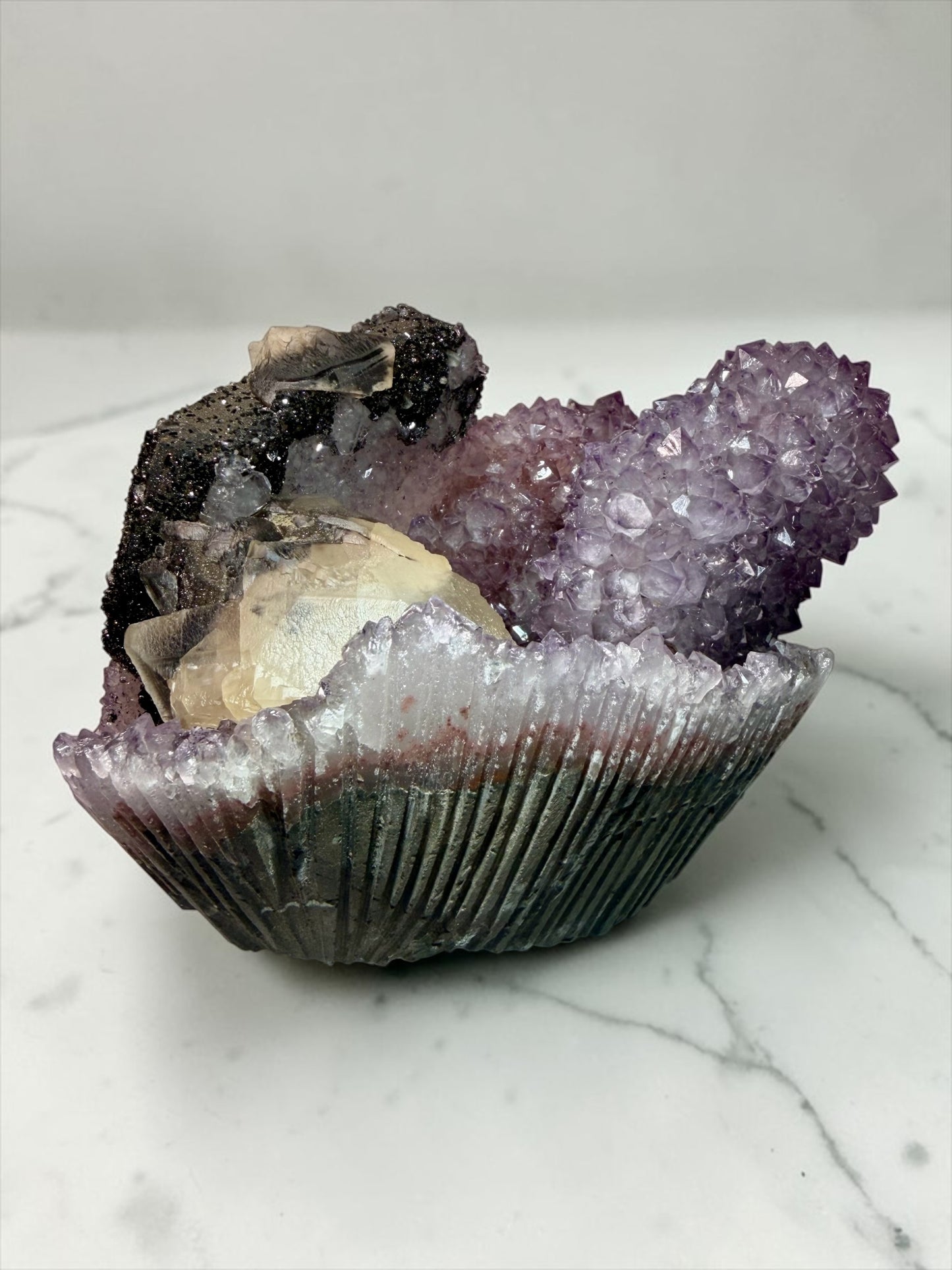 Elegant XL Calcite on Amethyst & Goethite- Uruguay | River Walkers Minerals