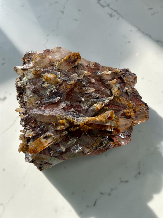 Clustered Hematite “Sunset” Phantom Quartz With Chlorite & Goethite Inclusions- India | River Walkers Minerals