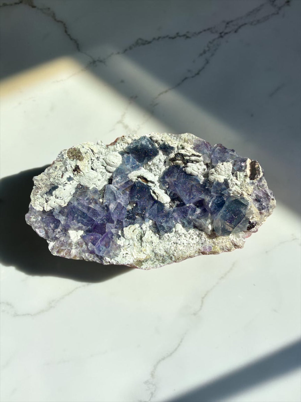 Grey-Blue Yindu Fluorite with Bismuthinite & Pyrite- Yindu Mine | River Walkers Minerals