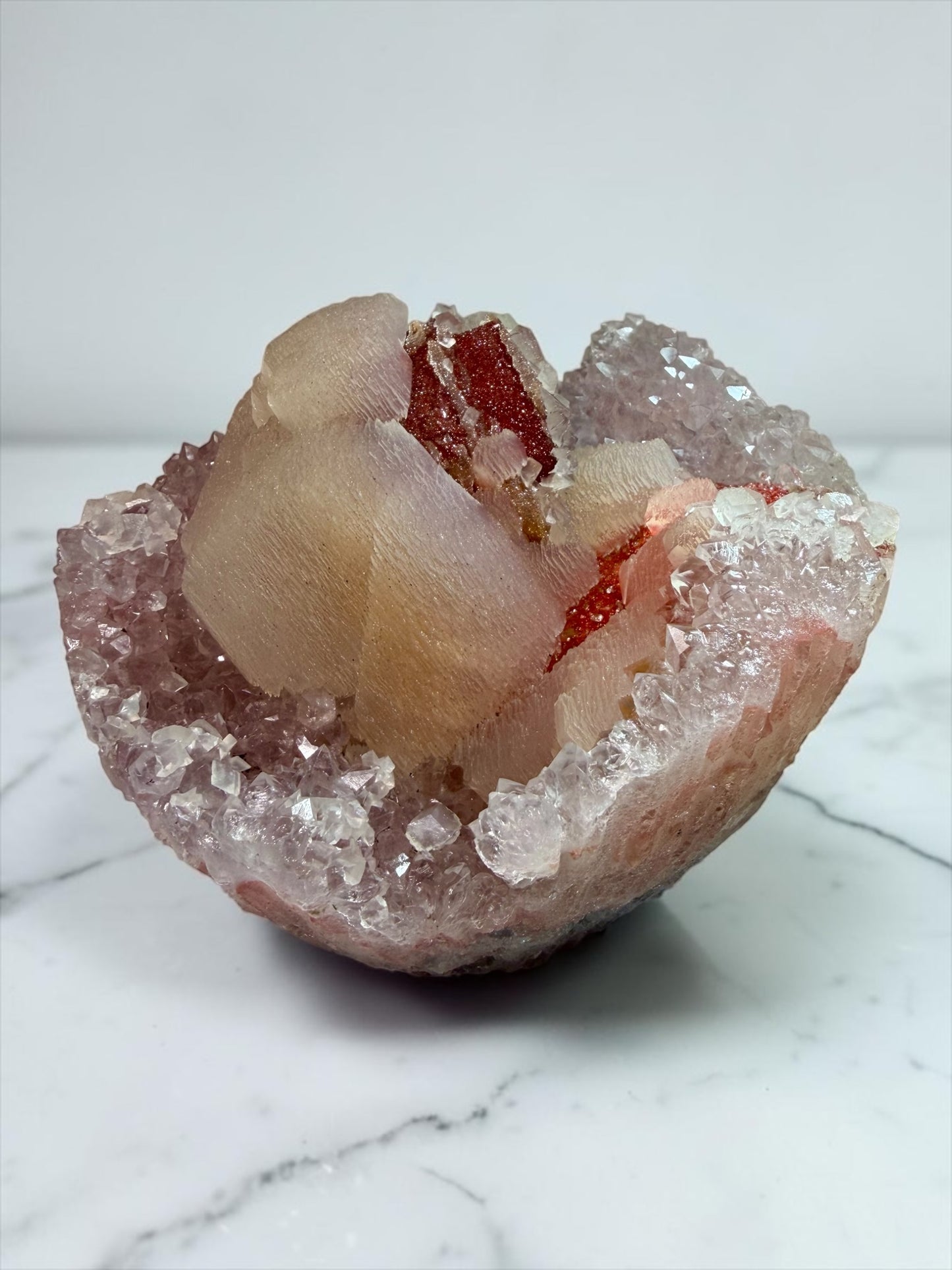 Museum-Quality Druzy Red Orange Quartz with Multi-Generation Calcite- Uruguay | River Walkers Minerals