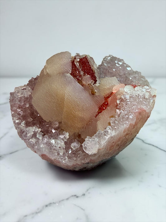 Museum-Quality Druzy Red Orange Quartz with Multi-Generation Calcite- Uruguay | River Walkers Minerals