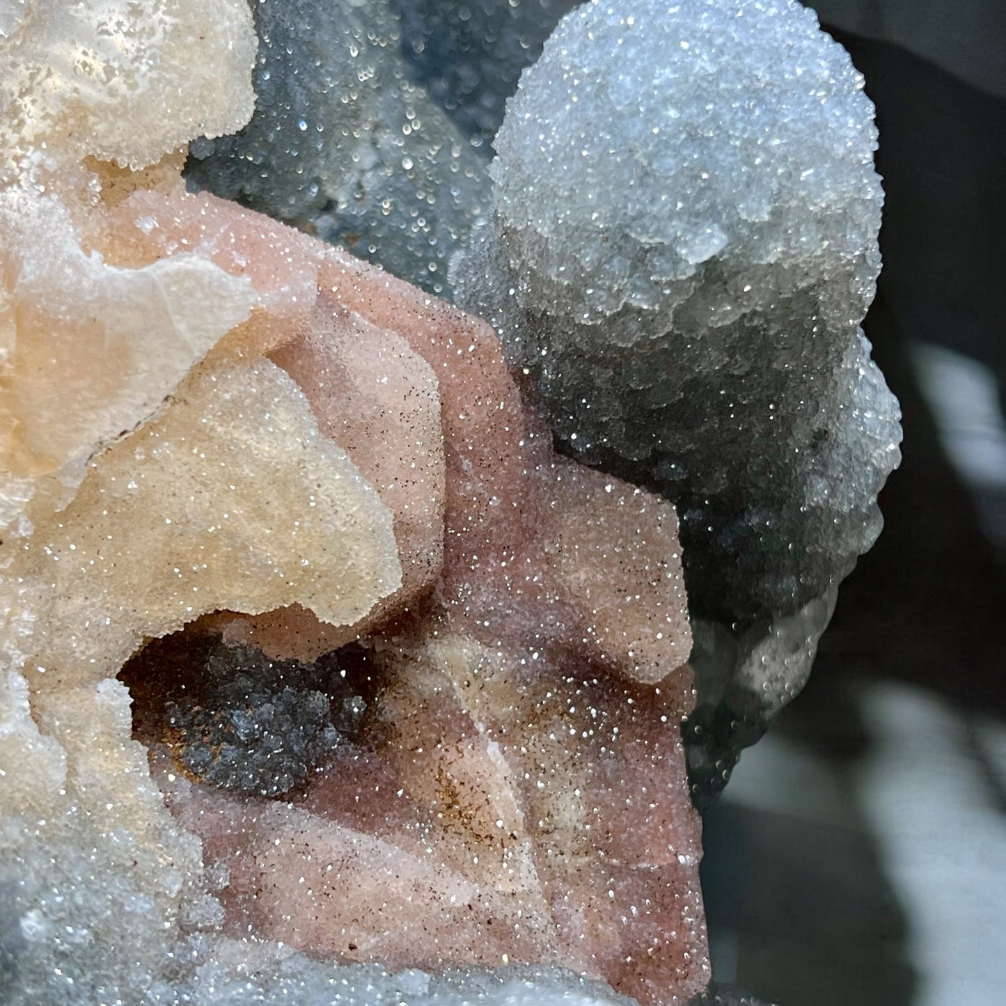 Crescent Druzy Jasper Stalactite Sculpture with Pyrite & Calcite