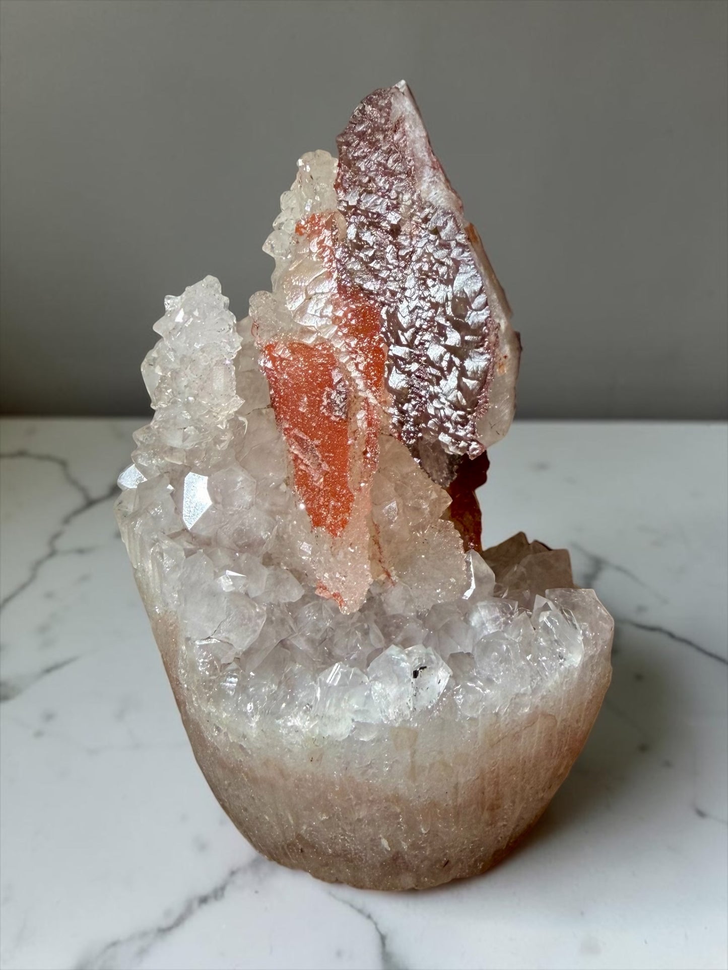 Incredible Sculptural Calcite on Quartz with Bright Hematite