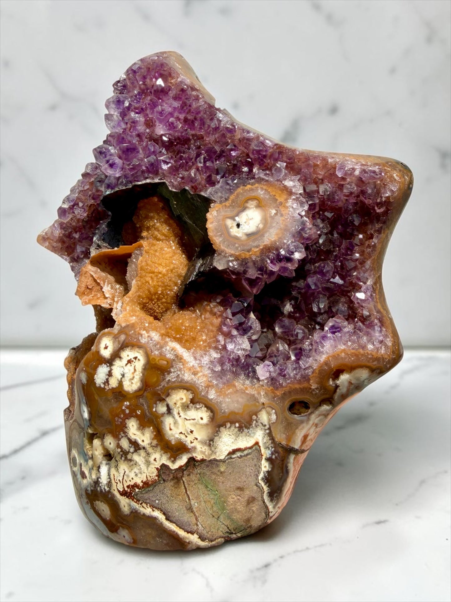 Star-Shaped Magenta Amethyst with Calcite Casts & Orange Druzy- Uruguay | River Walkers Minerals