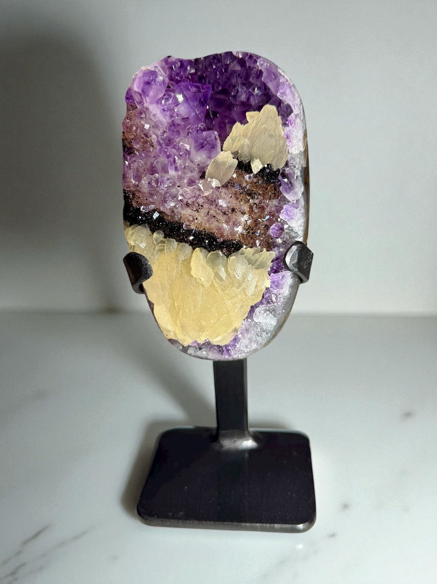 Amethyst with RARE Phosphorescent Calcite & Goethite - Artigas, Uruguay | River Walkers Minerals