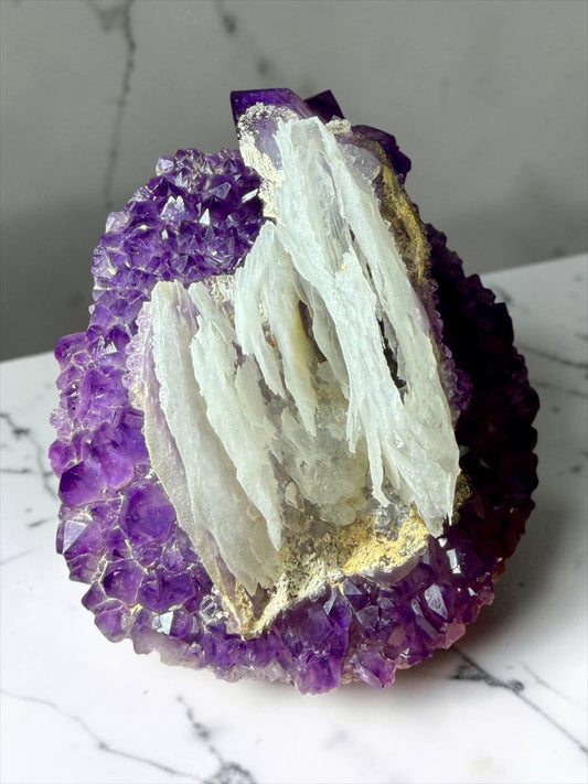 Large Juicy Amethyst with Dissolution-Etched Calcite- Uruguay | River Walkers Minerals
