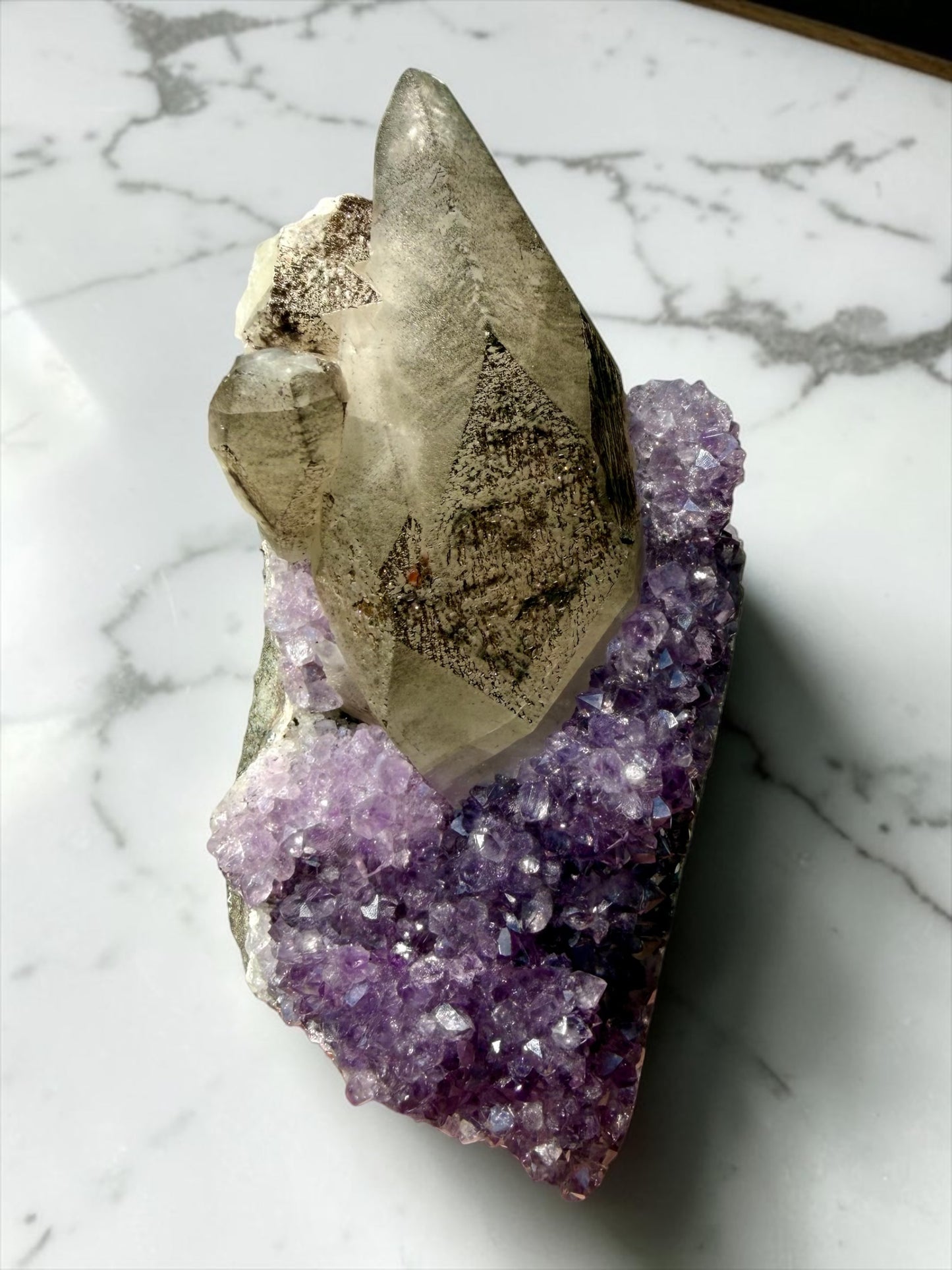 Statement Calcite with Druzy Goethite on Amethyst- Brazil | River Walkers Minerals