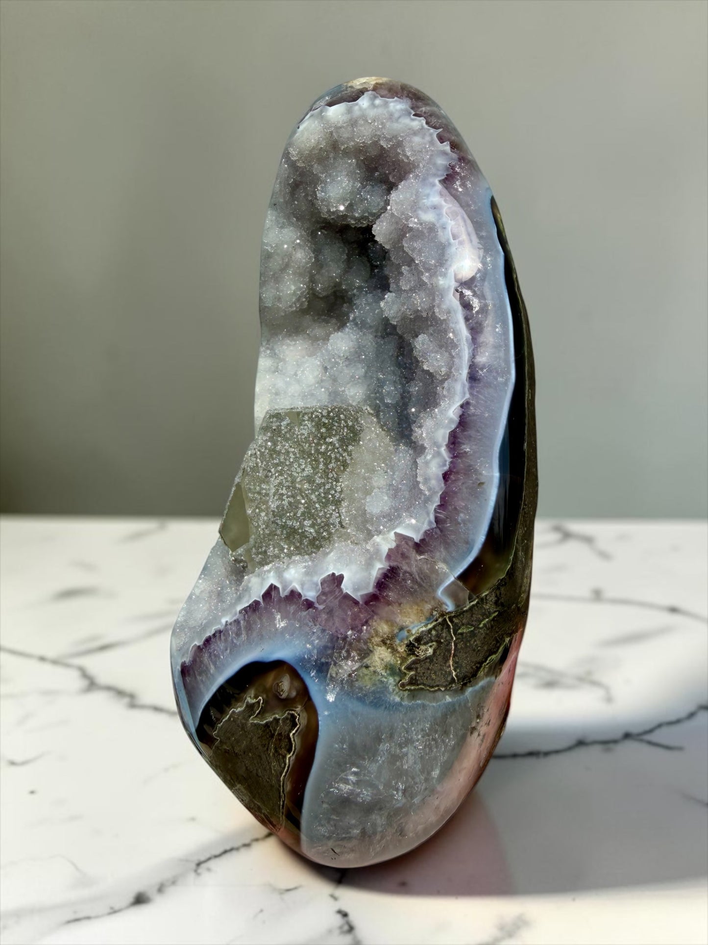 Large Druzy Quartz with Blue Agate, Amethyst, and Calcite
