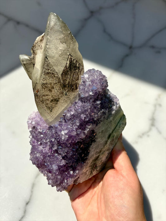 Statement Calcite with Druzy Goethite on Amethyst- Brazil | River Walkers Minerals