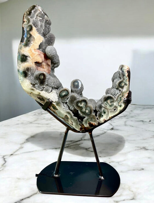 Crescent Druzy Jasper Stalactite Sculpture with Pyrite & Calcite