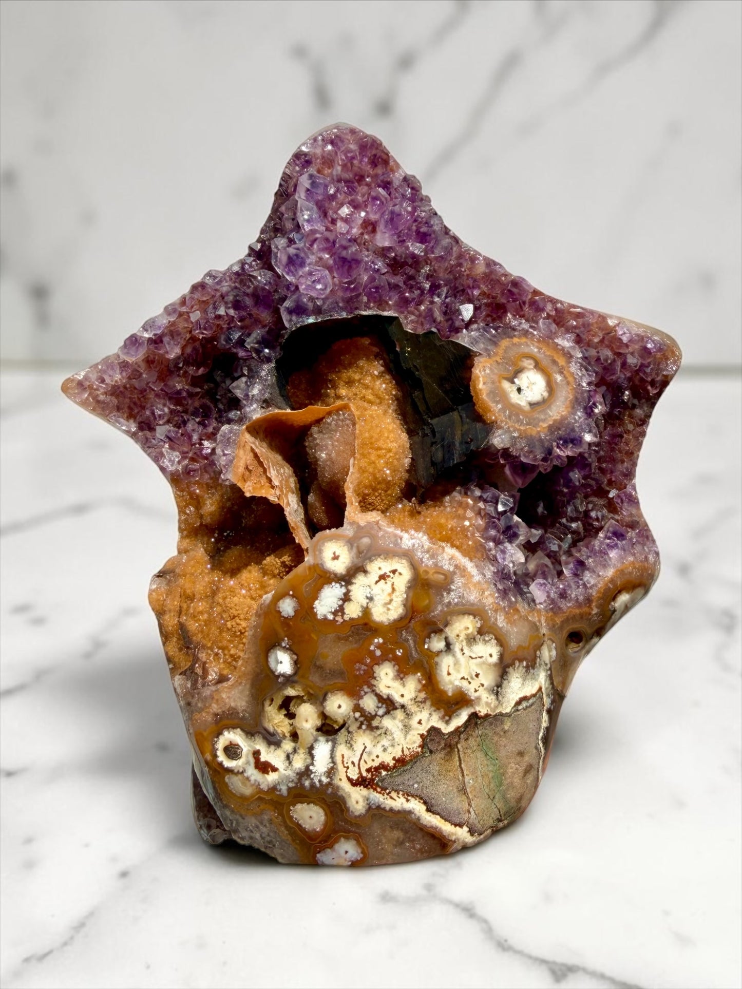 Star-Shaped Magenta Amethyst with Calcite Casts & Orange Druzy- Uruguay | River Walkers Minerals