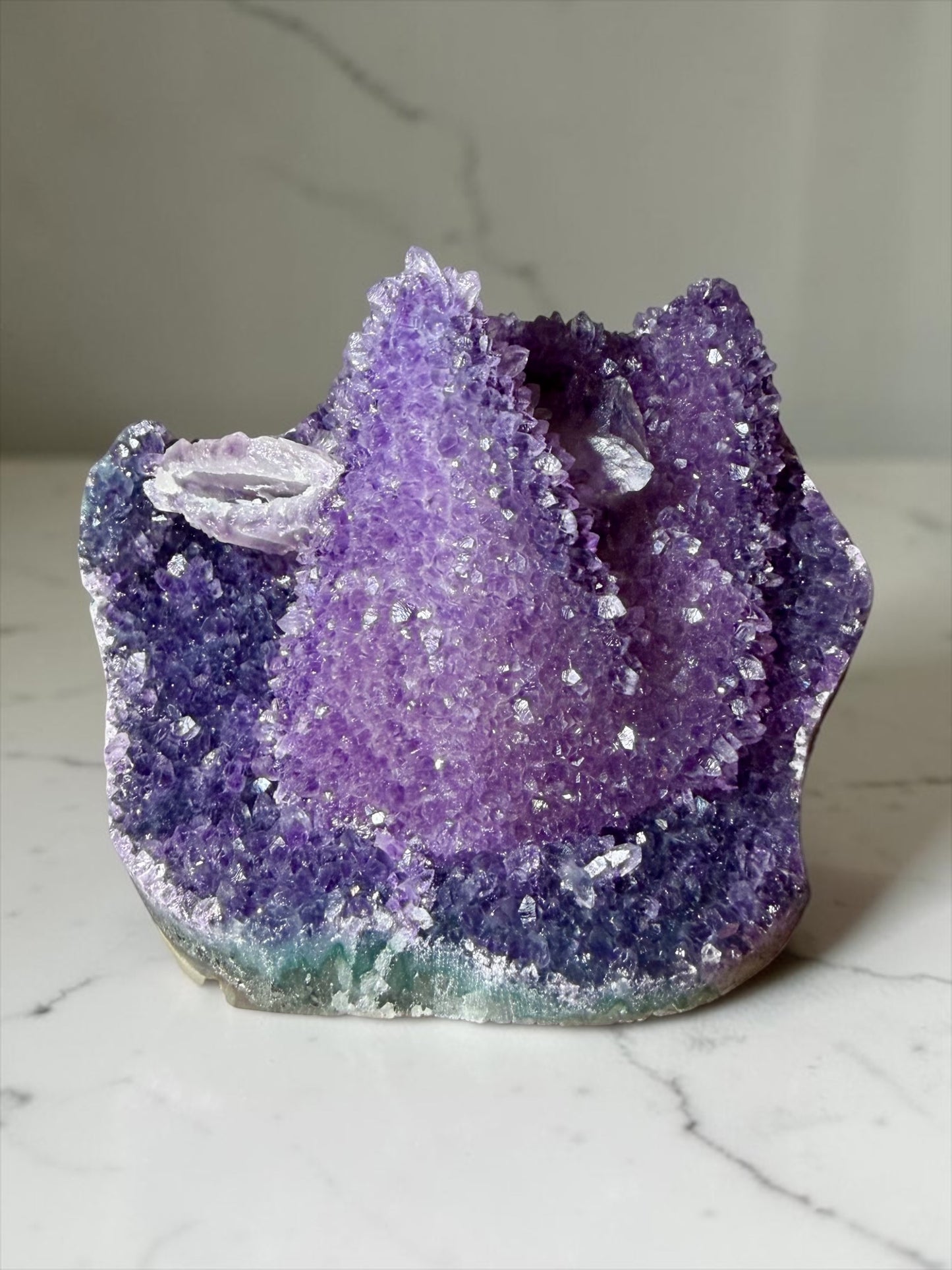 Large Amethyst-Coated Dogtooth Calcite with Green Agate- Uruguay | River Walkers Minerals