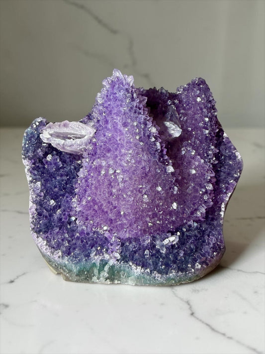 Large Amethyst-Coated Dogtooth Calcite with Green Agate- Uruguay | River Walkers Minerals