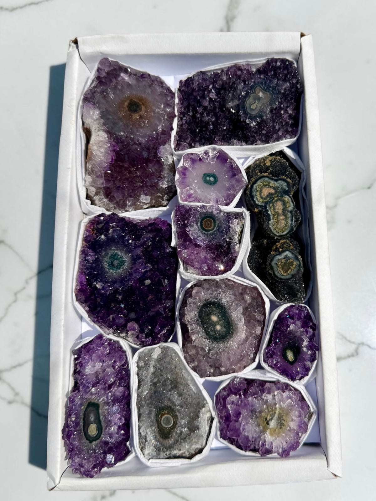 Mixed Flat of Amethyst & Jasper Stalactite "Eyes"- Uruguay | River Walkers Minerals