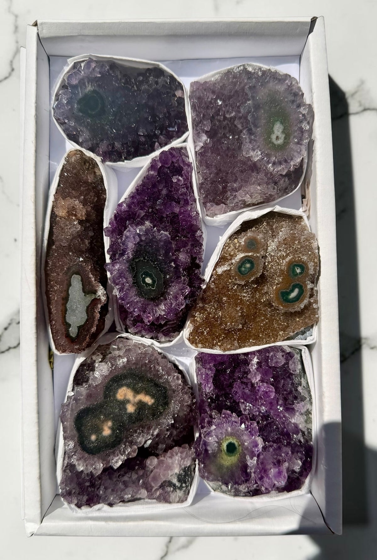 Mixed Flat of Amethyst & Jasper Stalactite "Eyes"- Uruguay | River Walkers Minerals