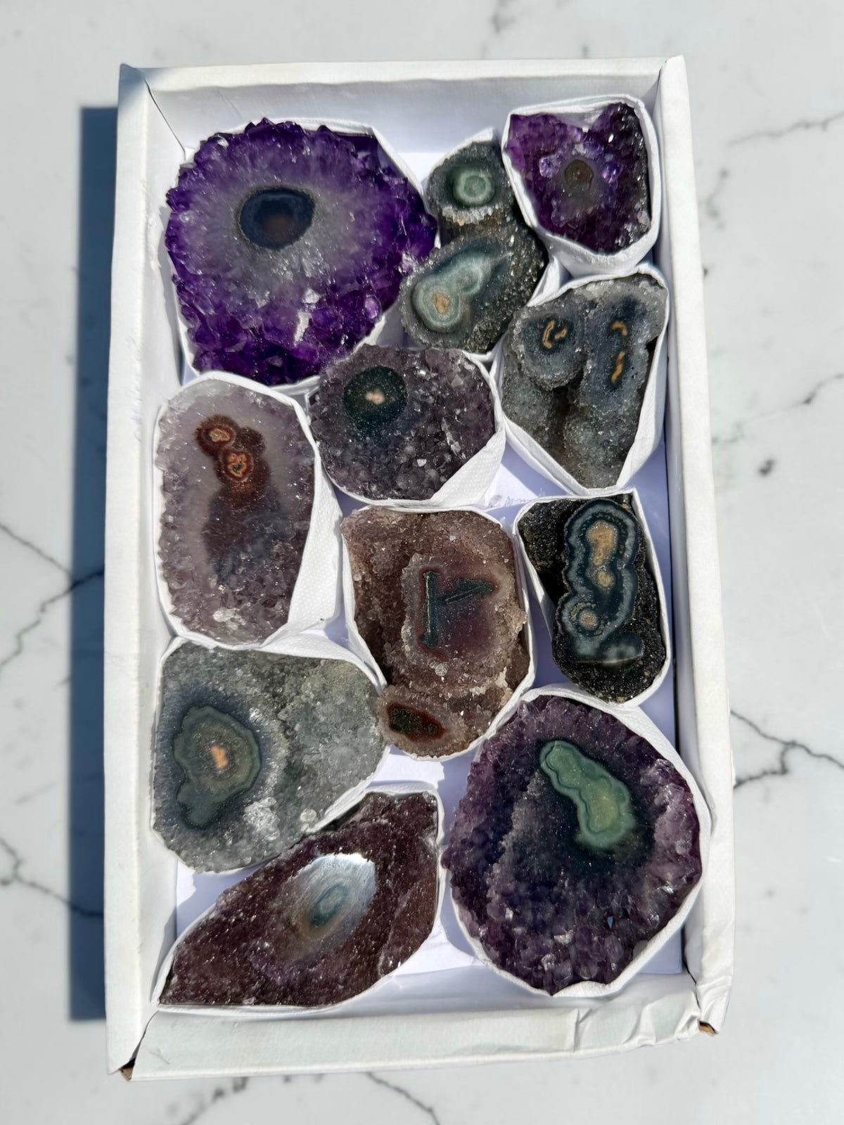 Mixed Flat of Amethyst & Jasper Stalactite "Eyes"- Uruguay | River Walkers Minerals