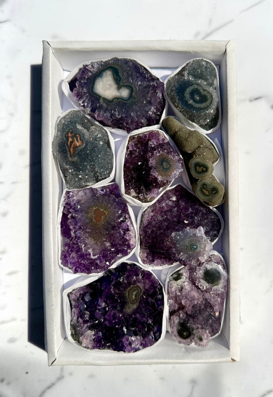Mixed Flat of Amethyst & Jasper Stalactite "Eyes"- Uruguay | River Walkers Minerals
