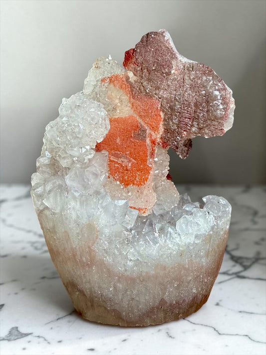 Incredible Sculptural Calcite on Quartz with Bright Hematite