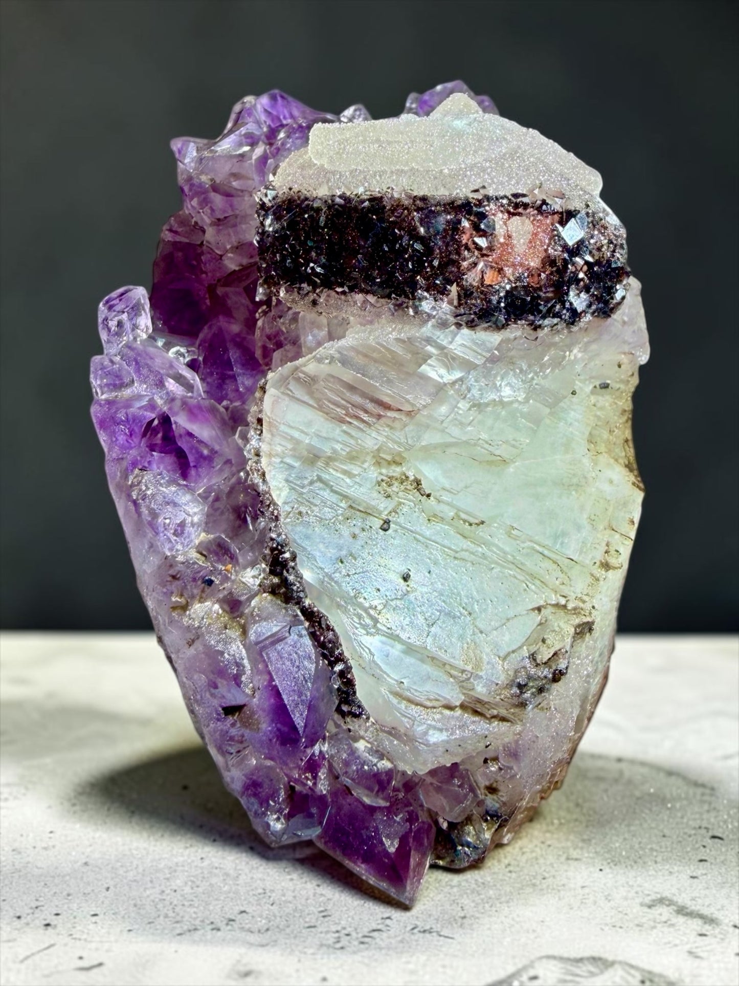 Druzy Calcite with Goethite on Amethyst- Uruguay | River Walkers Minerals
