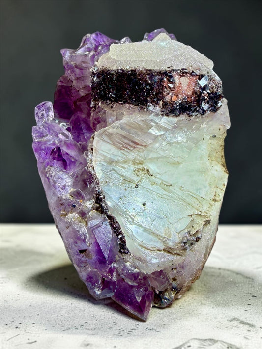 Druzy Calcite with Goethite on Amethyst- Uruguay | River Walkers Minerals
