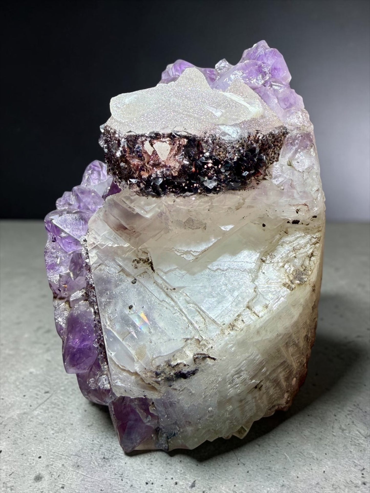 Druzy Calcite with Goethite on Amethyst- Uruguay | River Walkers Minerals