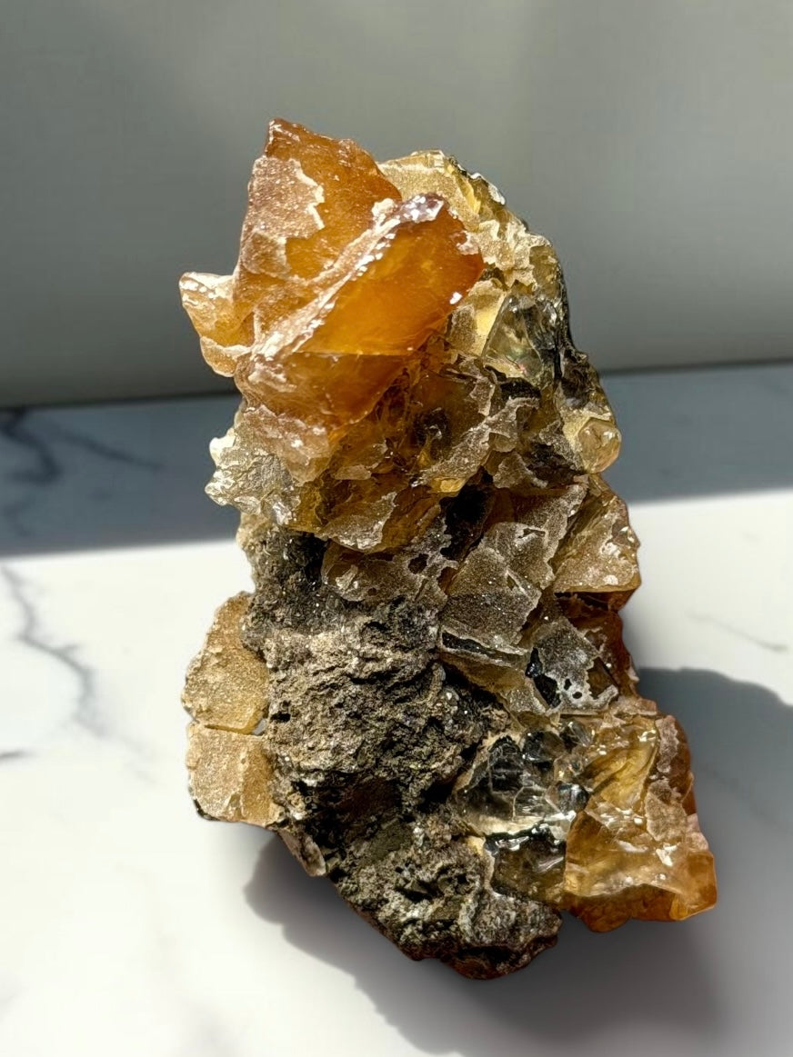 Honey Calcite with Druzy Quartz- India | River Walkers Minerals