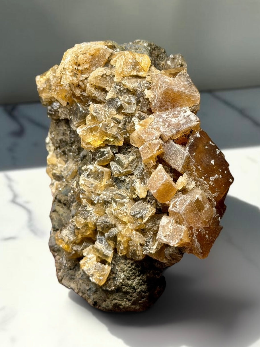 Honey Calcite with Druzy Quartz- India | River Walkers Minerals