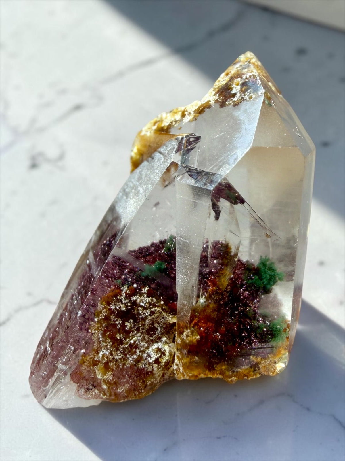 Crisp Hematite "Sunset" Phantom Quartz with Intercepting Point, Chlorite, Goethite Inclusions- India | River Walkers Minerals