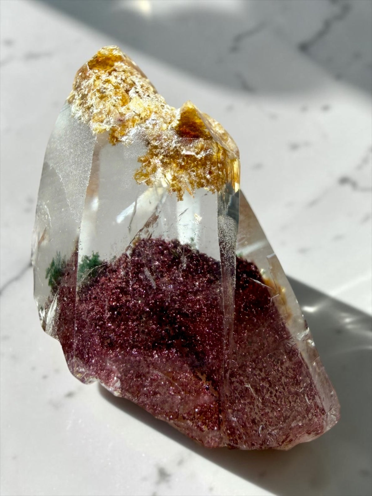 Crisp Hematite "Sunset" Phantom Quartz with Intercepting Point, Chlorite, Goethite Inclusions- India | River Walkers Minerals