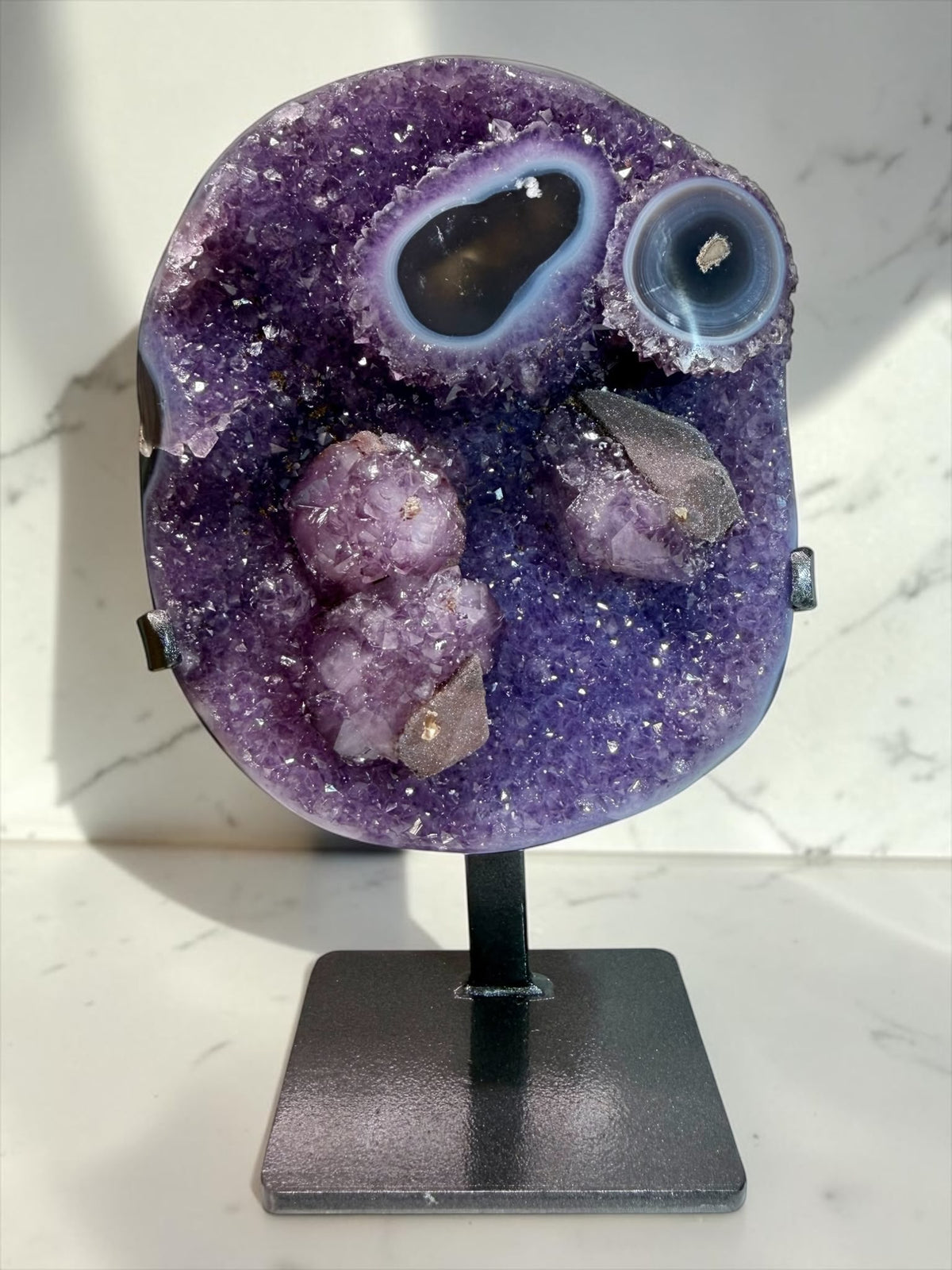 Sparkly Pink & Purple Amethyst with Druzy Calcite and Blue Agate Eyes- Uruguay | River Walkers Minerals