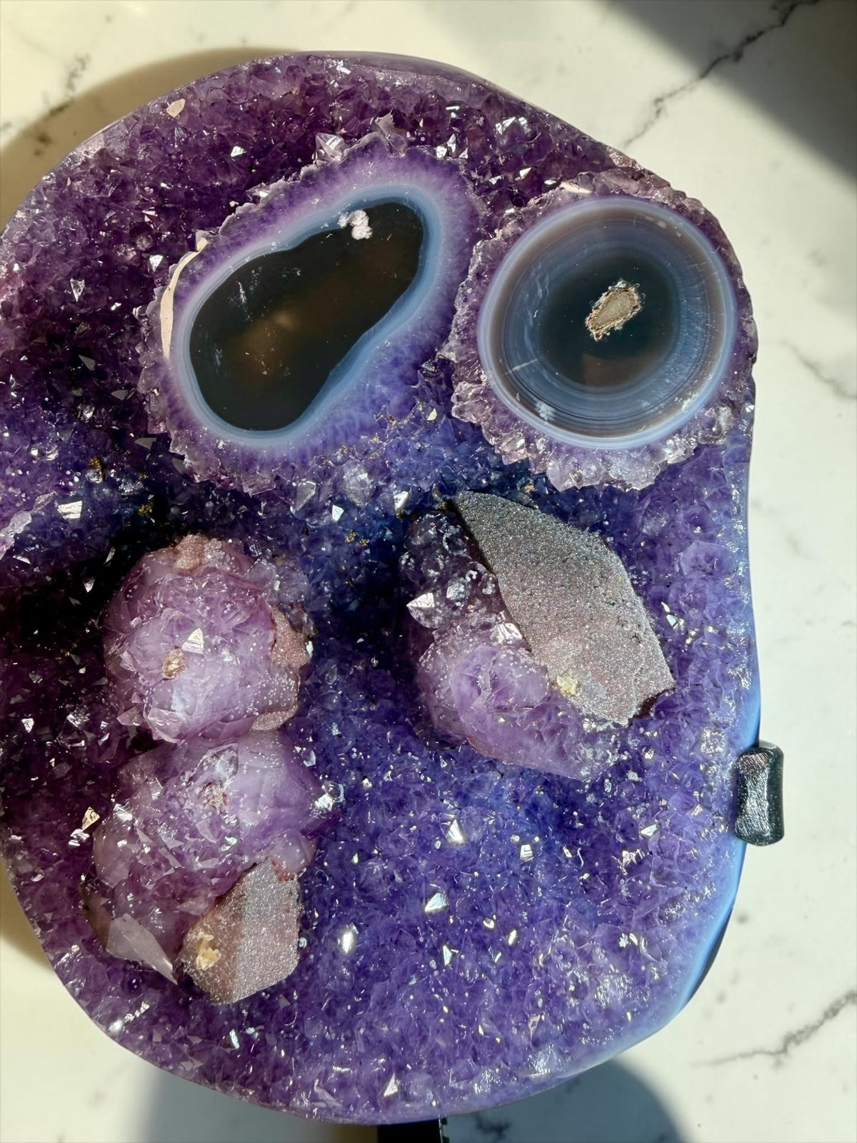 Sparkly Pink & Purple Amethyst with Druzy Calcite and Blue Agate Eyes- Uruguay | River Walkers Minerals