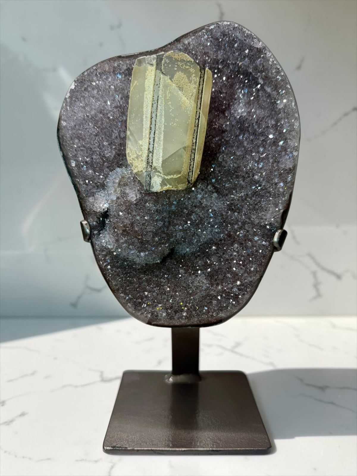 Aesthetic Pinstripe Columnar Calcite & Druzy Black Goethite – Uruguay | River Walkers Minerals