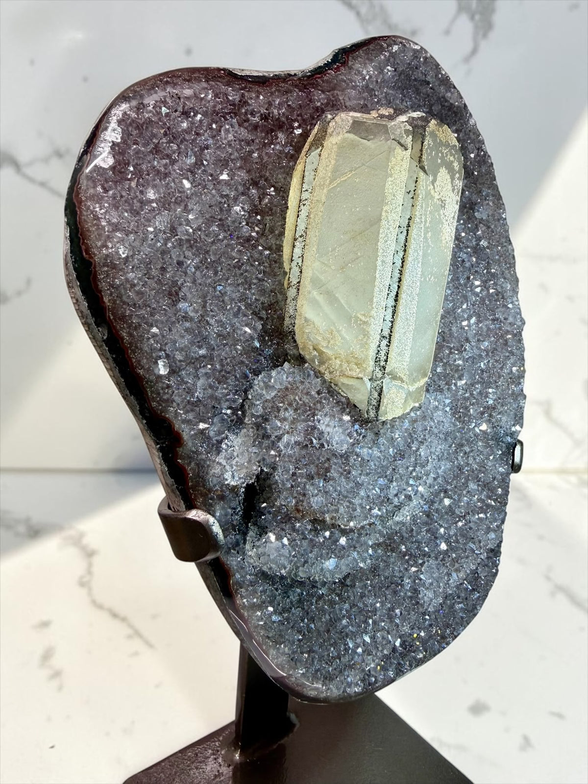 Aesthetic Pinstripe Columnar Calcite & Druzy Black Goethite – Uruguay | River Walkers Minerals