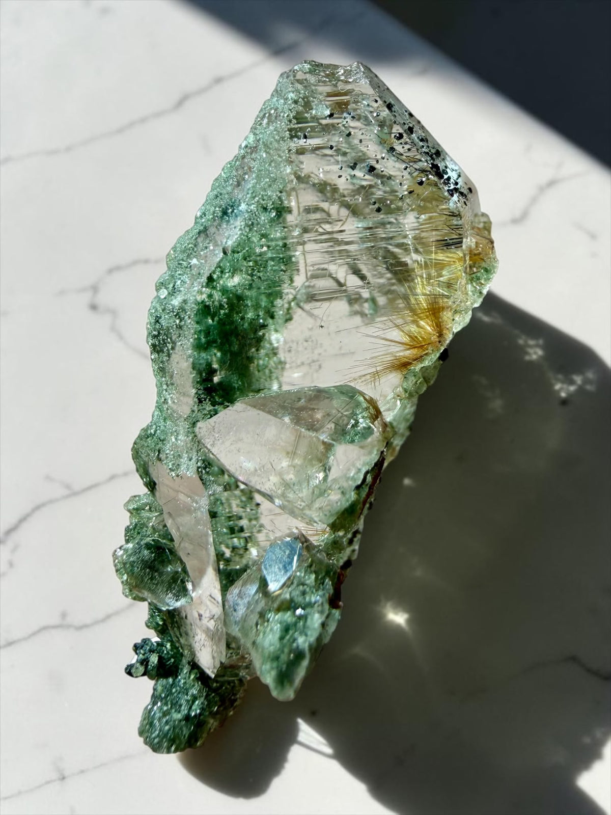 High-Altitude Quartz with Chlorite & Golden Rutile Sprays, Anatase – Himalayan  | River Walkers Minerals